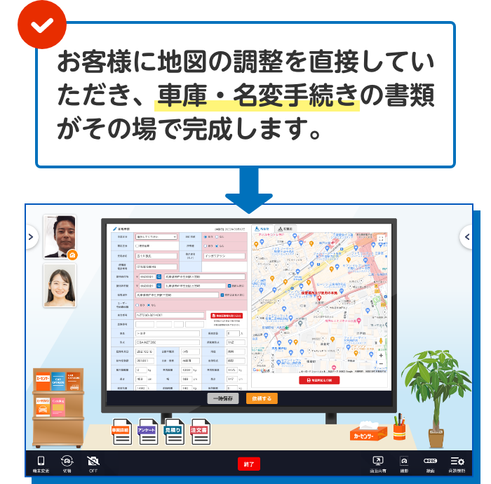 お客様に地図の調整を直接していただき、車庫・名変手続きの書類がその場で完成します。