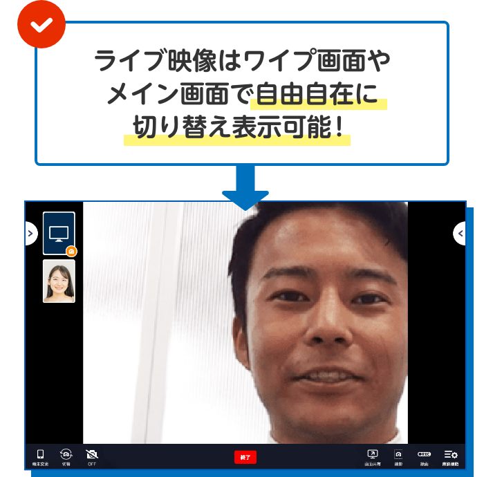 ライブ映像はワイプ画面やメイン画面で自由自在に切り替え表示可能！